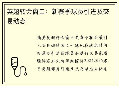 英超转会窗口：新赛季球员引进及交易动态